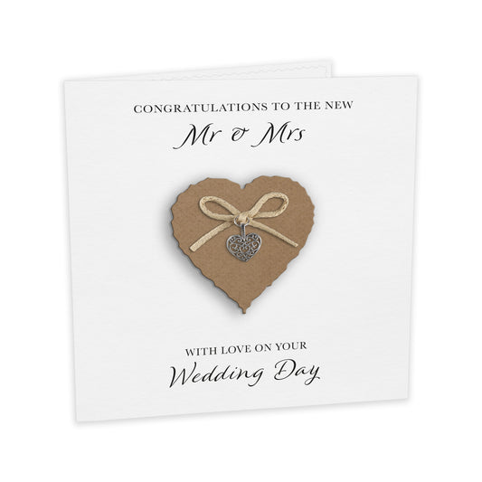 Wedding Day Card (Heart Charm & Bow) - Kraft Heart / White Cardstock