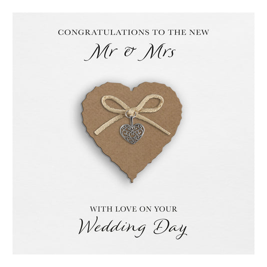 Wedding Day Card (Heart Charm & Bow) - Kraft Heart / White Cardstock