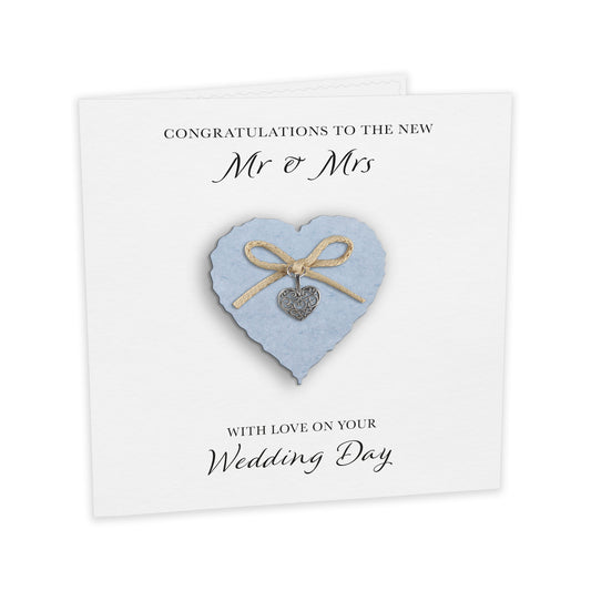 Wedding Day Card (Heart Charm & Bow) - Powder Blue Heart / White Cardstock