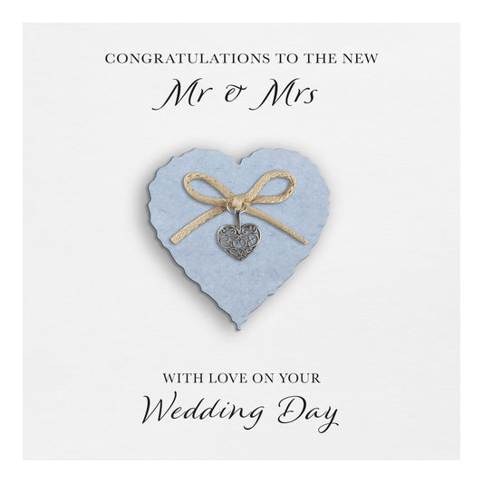 Wedding Day Card (Heart Charm & Bow) - Powder Blue Heart / White Cardstock
