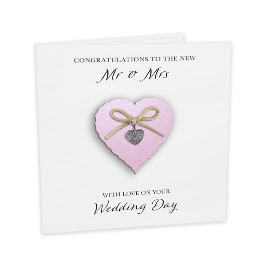 Wedding Day Card (Heart Charm & Bow) - Powder Pink Heart / White Cardstock