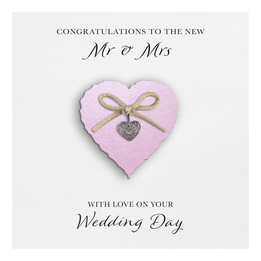 Wedding Day Card (Heart Charm & Bow) - Powder Pink Heart / White Cardstock