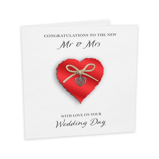 Wedding Day Card (Heart Charm & Bow) - Ruby Heart / White Cardstock