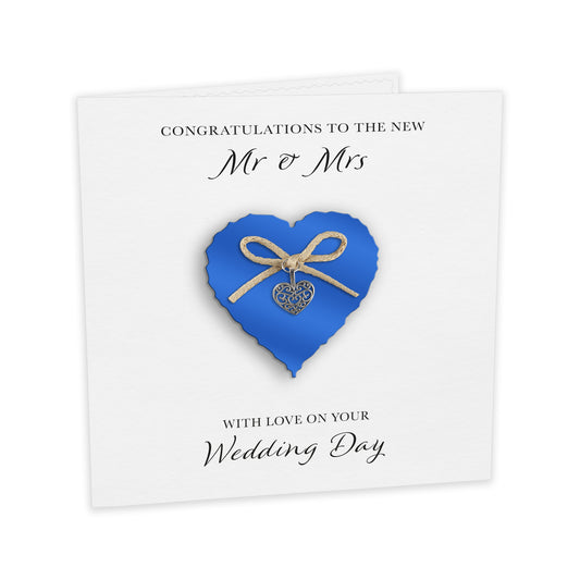 Wedding Day Card (Heart Charm & Bow) - Sapphire Heart / White Cardstock