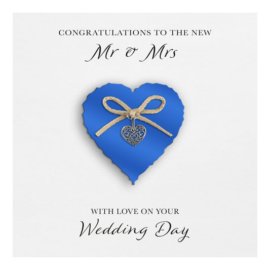 Wedding Day Card (Heart Charm & Bow) - Sapphire Heart / White Cardstock