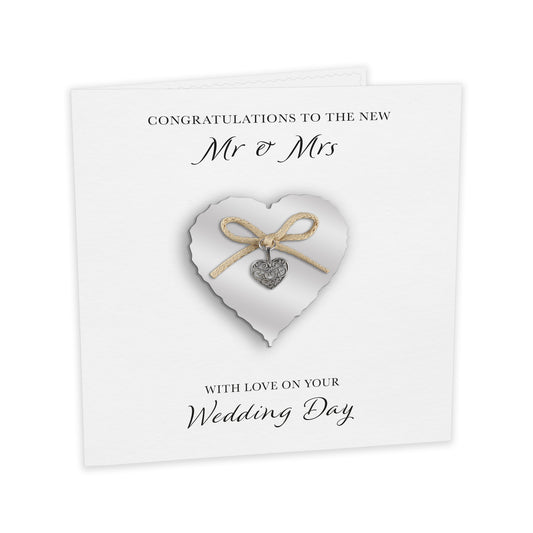 Wedding Day Card (Heart Charm & Bow) - Silver Heart / White Cardstock