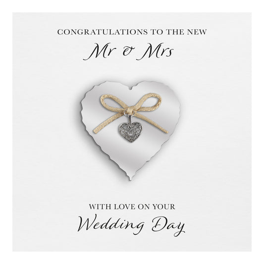 Wedding Day Card (Heart Charm & Bow) - Silver Heart / White Cardstock