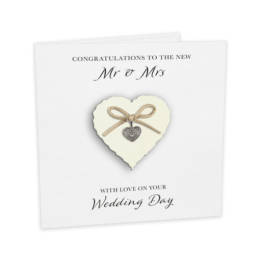 Wedding Day Card (Heart Charm & Bow) - Ivory Heart / White Cardstock