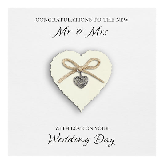 Wedding Day Card (Heart Charm & Bow) - Ivory Heart / White Cardstock