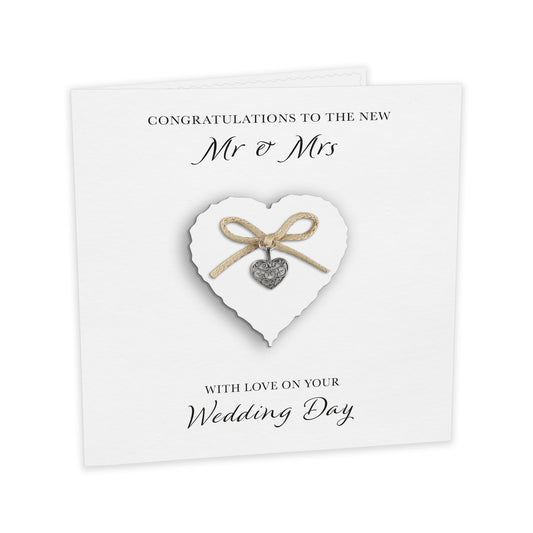 Wedding Day Card (Heart Charm & Bow) - White Heart / White Cardstock