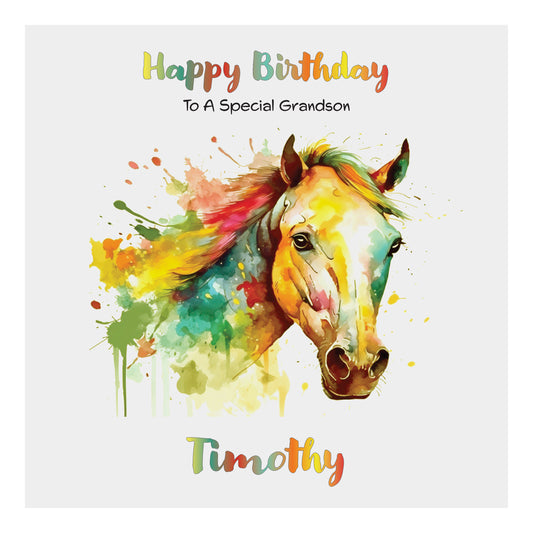 Personalised Birthday Card (Watercolour Horse) - Yellow Sun