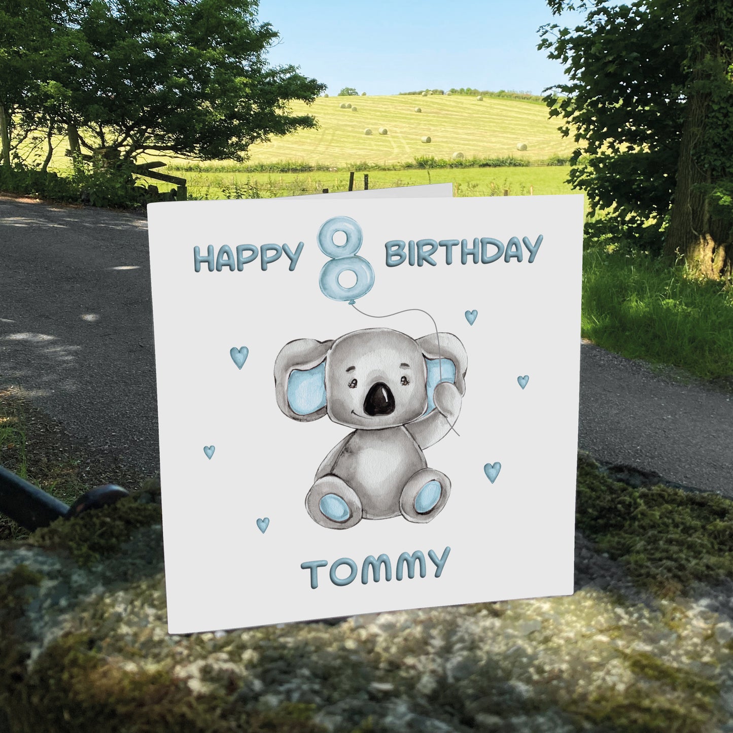 Personalised Birthday Card Balloon Animals (Koala) - Blue
