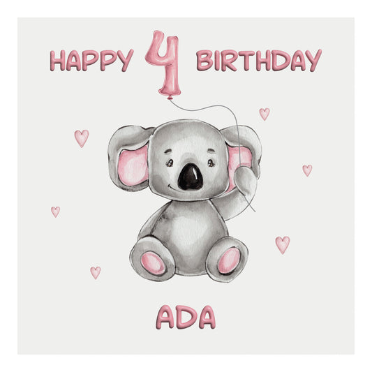 Personalised Birthday Card Balloon Animals (Koala)  - Pink