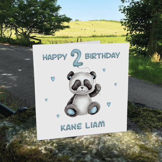Personalised Birthday Card - Balloon Animals (Panda) - Blue