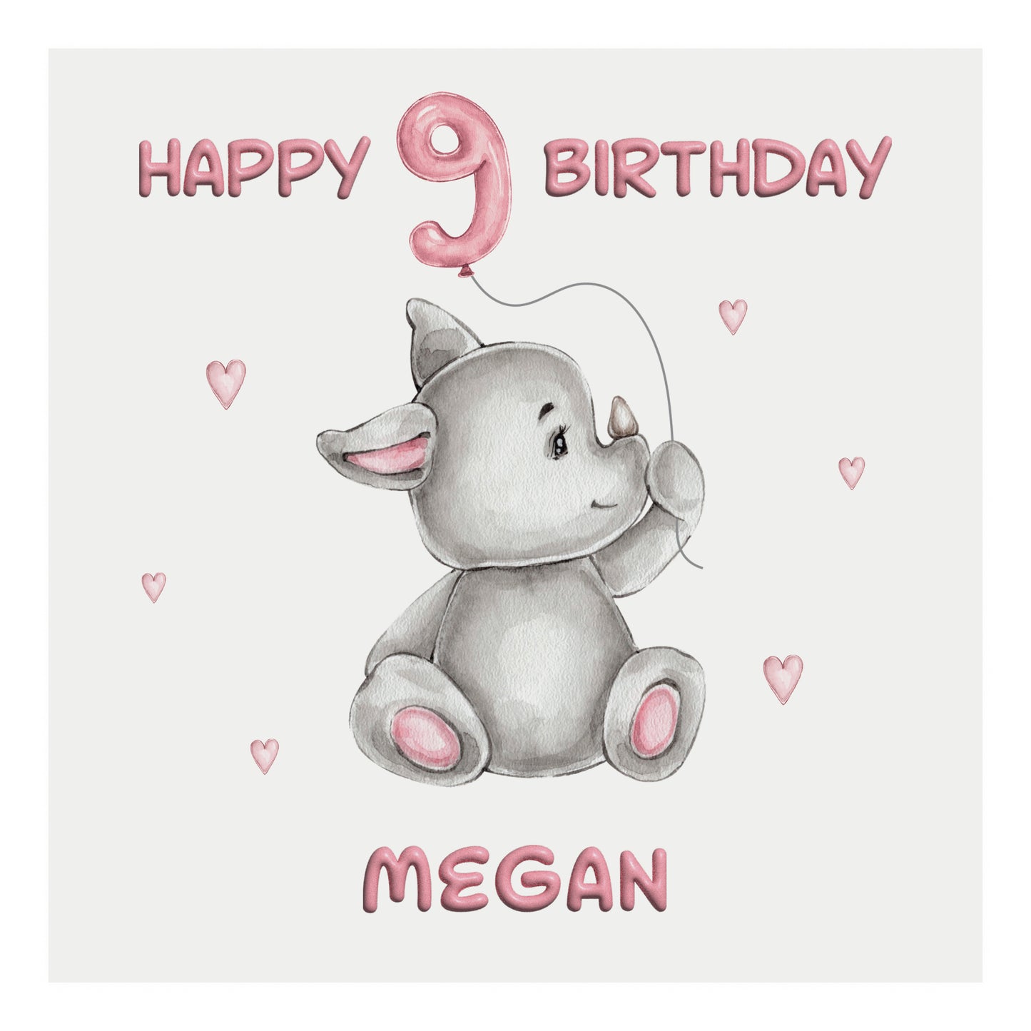 Personalised Birthday Card Balloon Animals (Rhino) - Pink