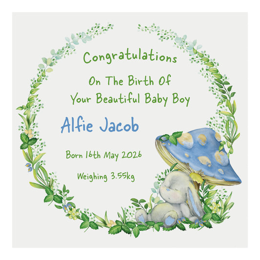 Personalised New Baby Card (Mushroom Bunny) - Blue