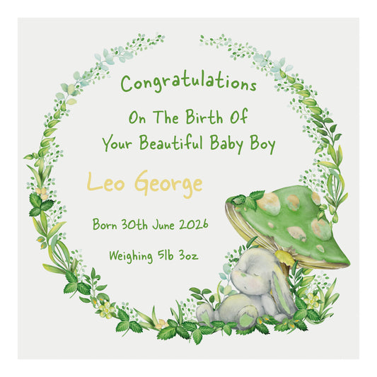 Personalised New Baby Card (Mushroom Bunny) - Green