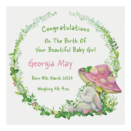 Personalised New Baby Card (Mushroom Bunny) - Pink