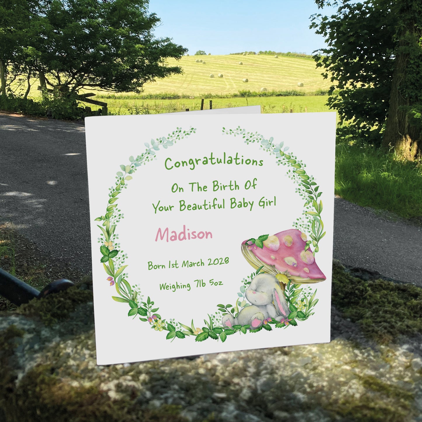 Personalised New Baby Card (Mushroom Bunny) - Pink