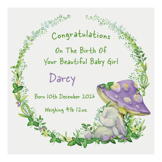 Personalised New Baby Card (Mushroom Bunny) - Purple