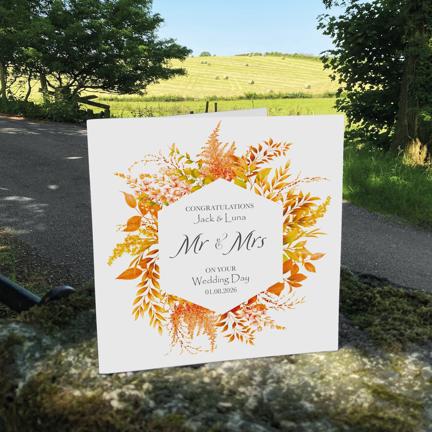 Personalised Wedding Card (Mr & Mrs Wreath) - Autumn