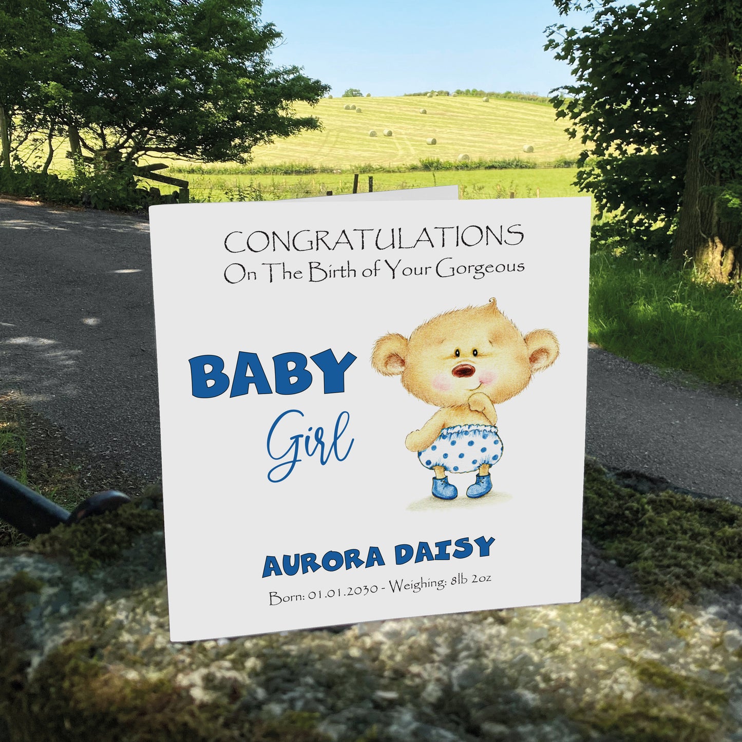 Personalised New Baby Card (Baby Bear) - Blue