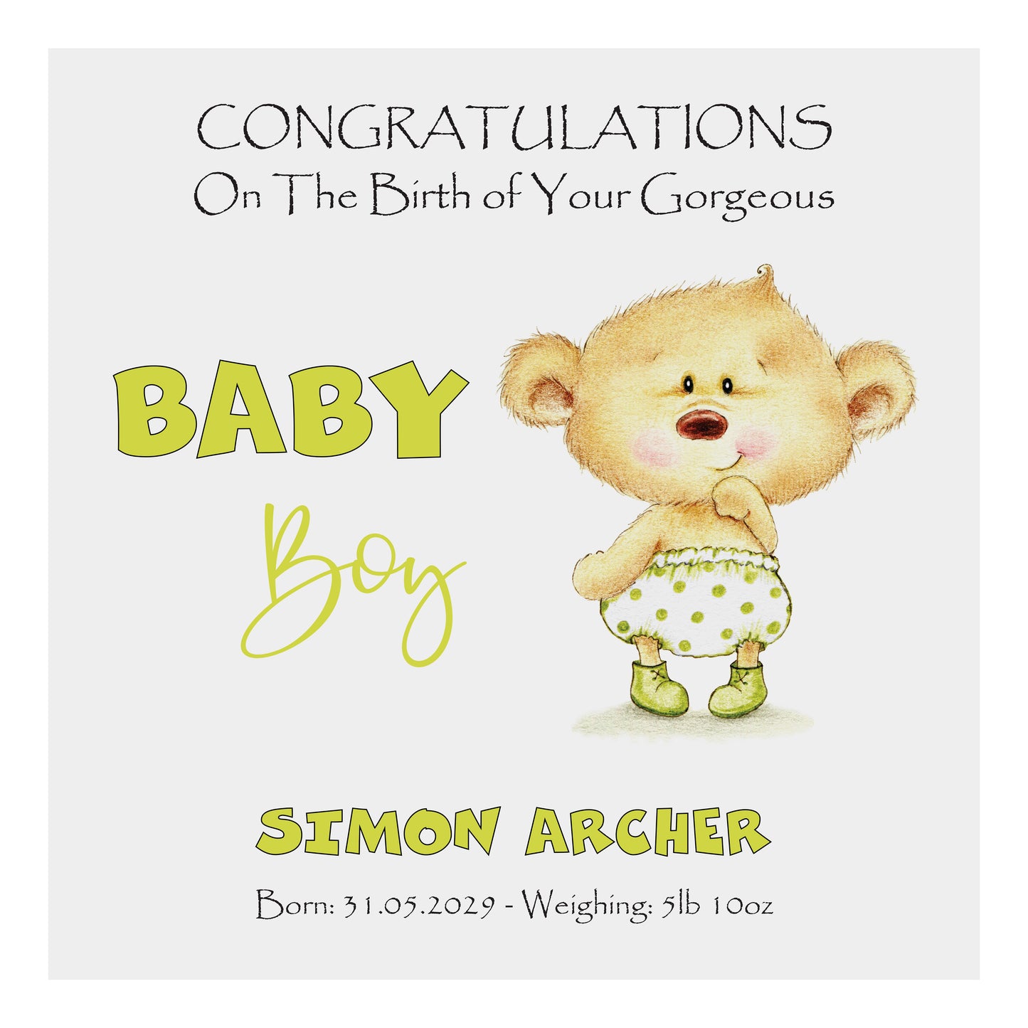 Personalised New Baby Card (Baby Bear) - Green