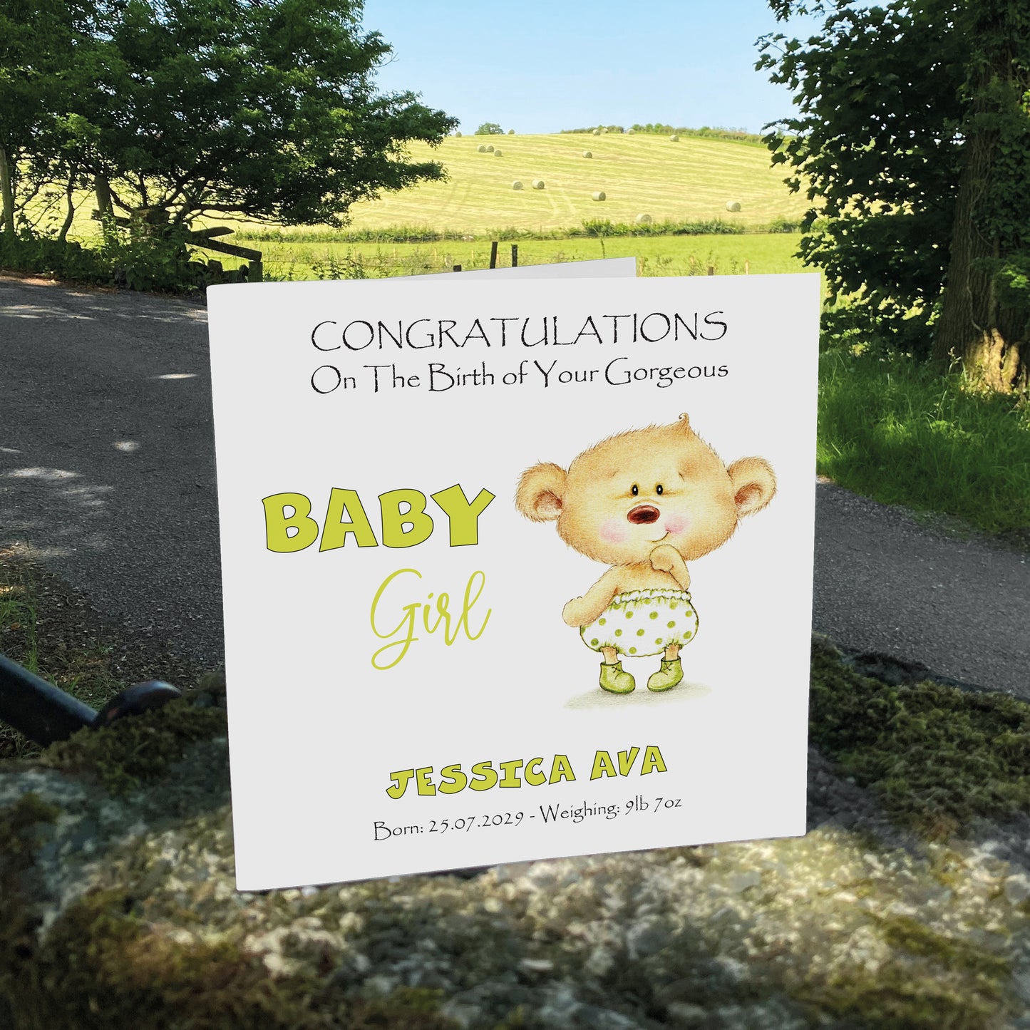 Personalised New Baby Card (Baby Bear) - Green
