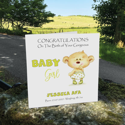 Personalised New Baby Card (Baby Bear) - Green