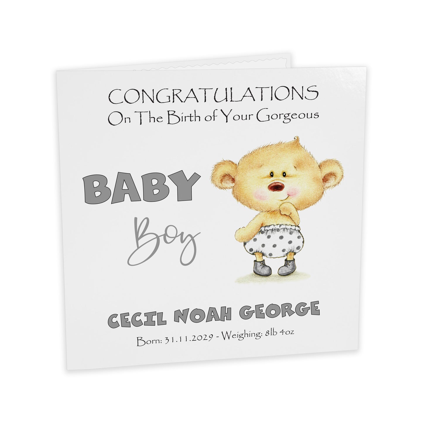 Personalised New Baby Card (Baby Bear) - Grey