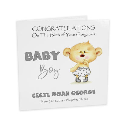 Personalised New Baby Card (Baby Bear) - Grey