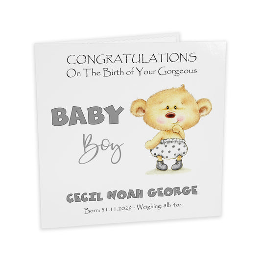 Personalised New Baby Card (Baby Bear) - Grey