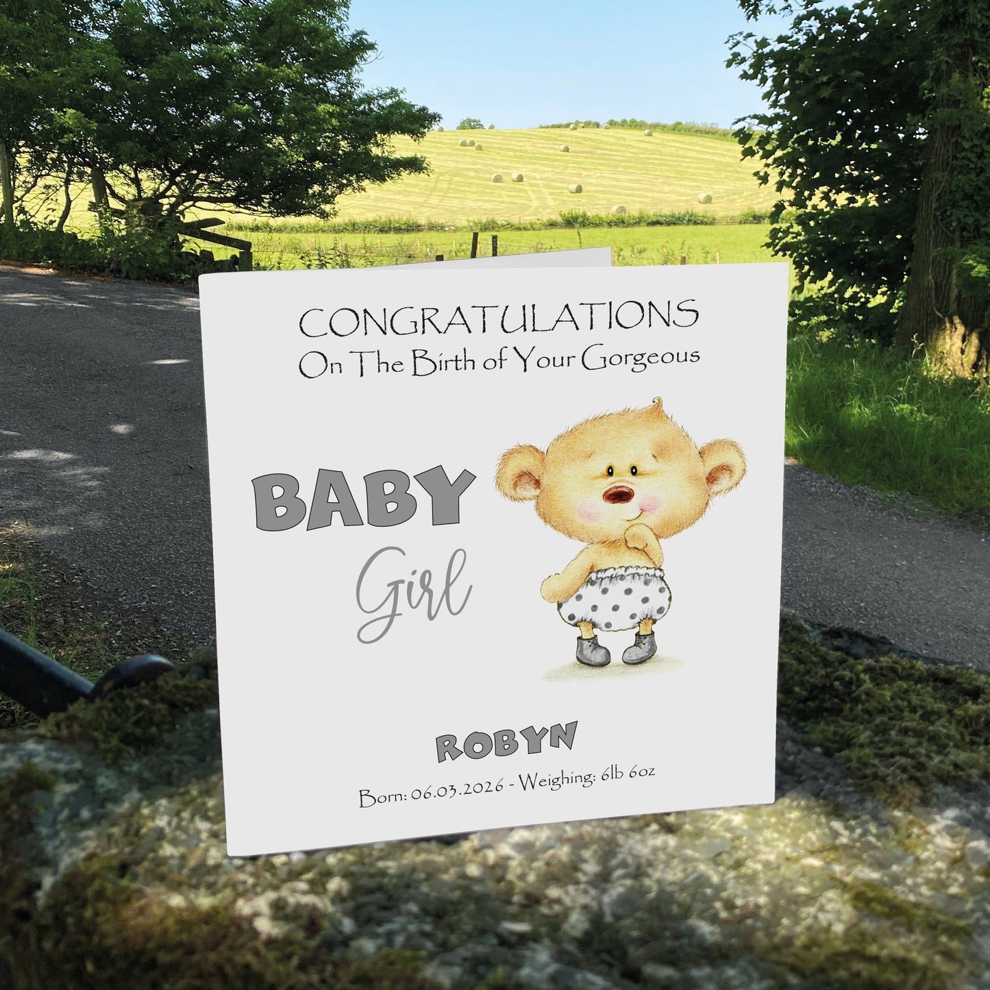 Personalised New Baby Card (Baby Bear) - Grey