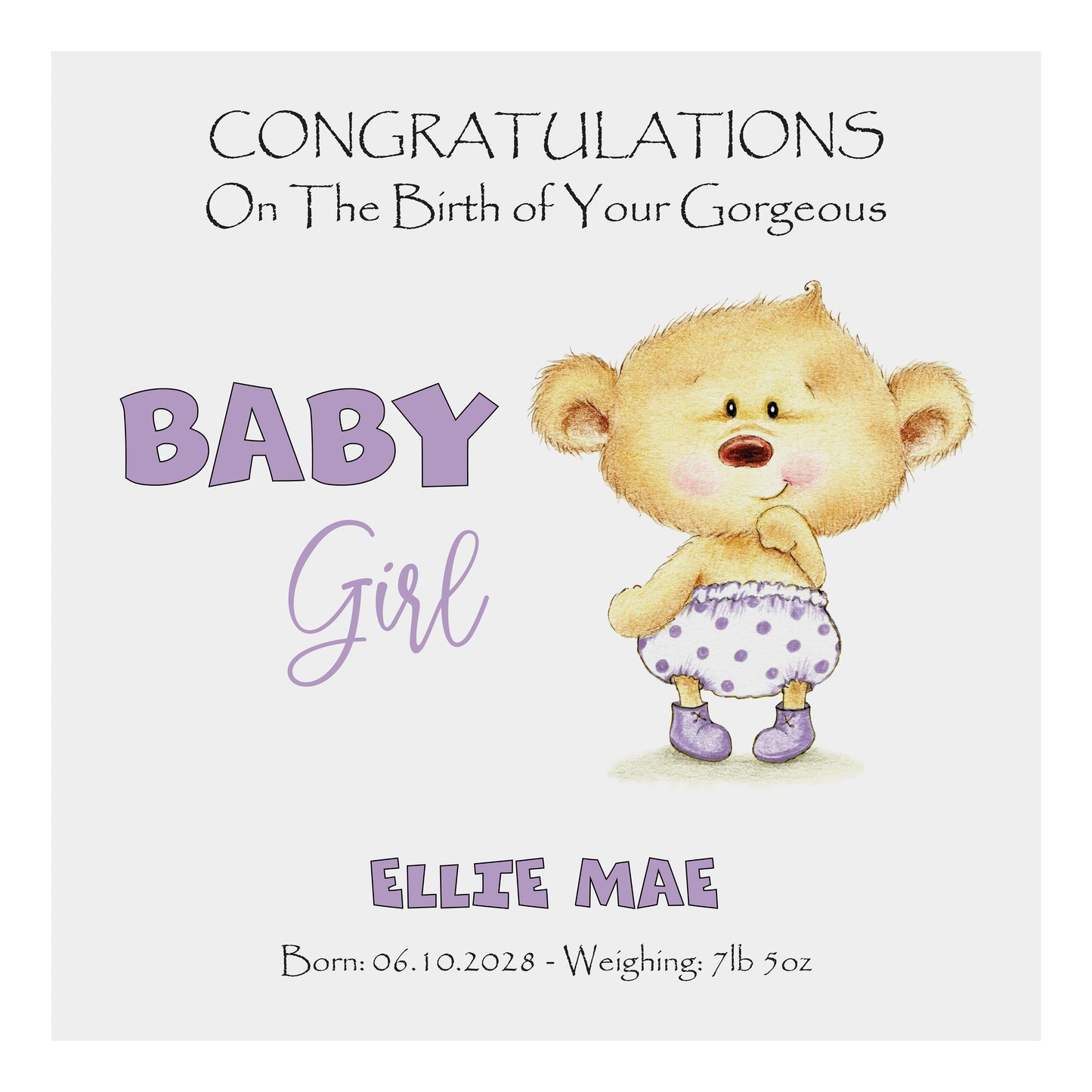 Personalised New Baby Card (Baby Bear) - Lilac