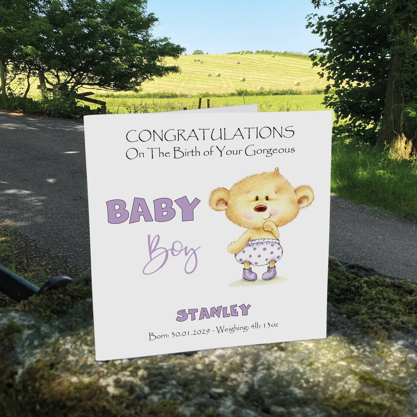 Personalised New Baby Card (Baby Bear) - Lilac