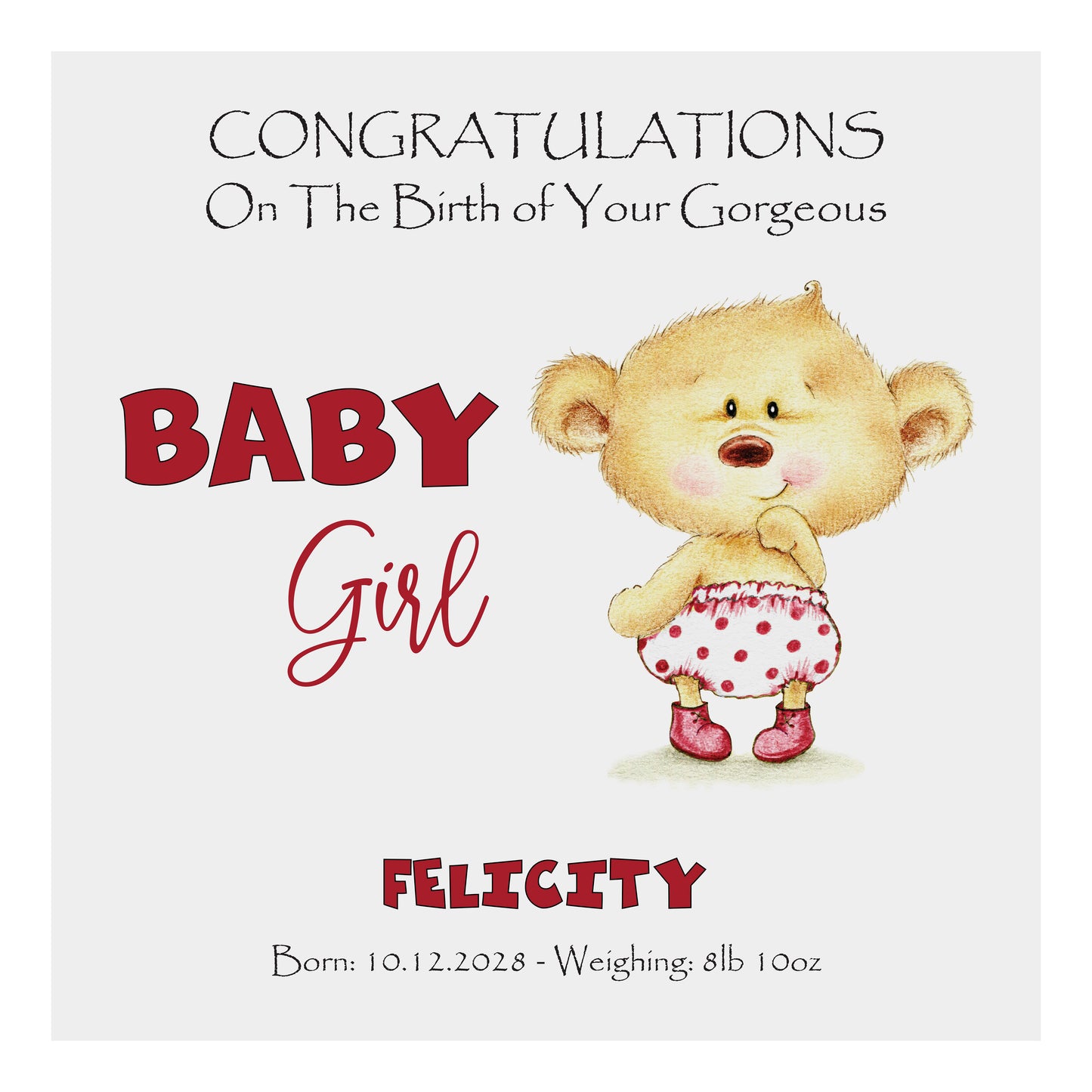 Personalised New Baby Card (Baby Bear) - Red