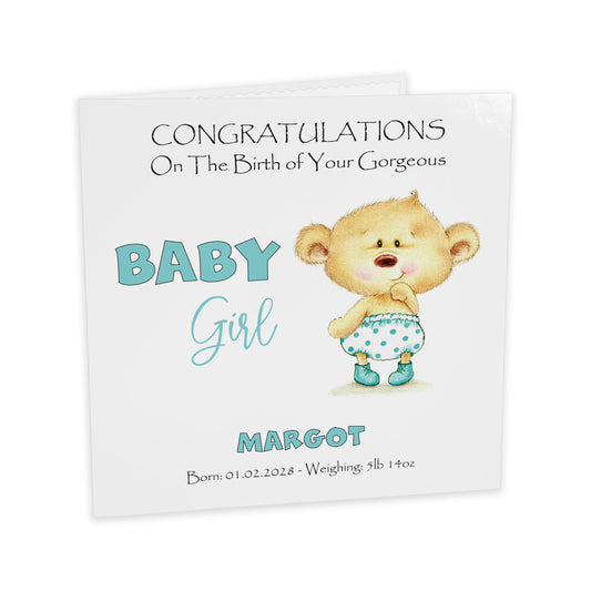 Personalised New Baby Card (Baby Bear) - Turquoise