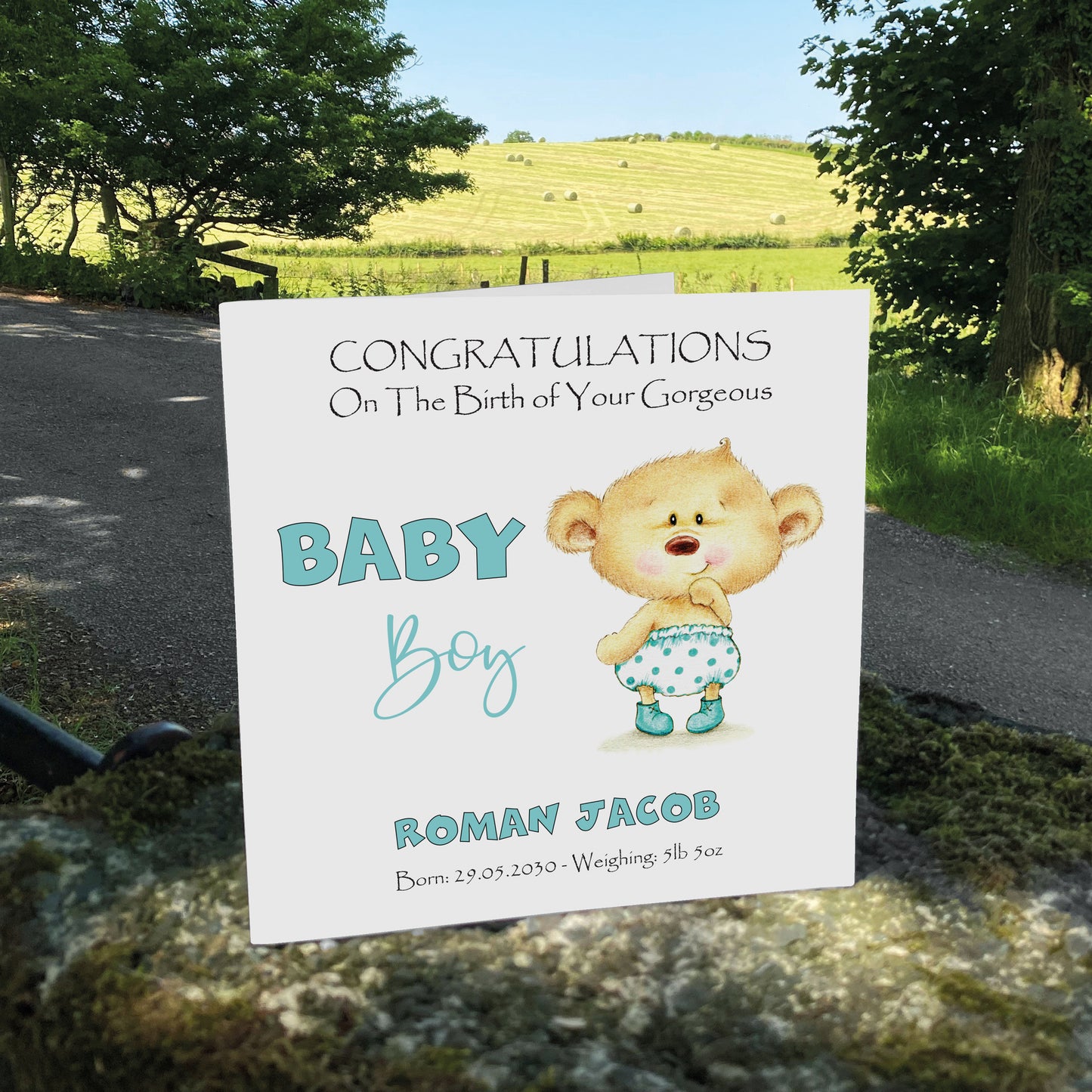 Personalised New Baby Card (Baby Bear) - Turquoise