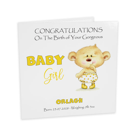 Personalised New Baby Card (Baby Bear) - Yellow
