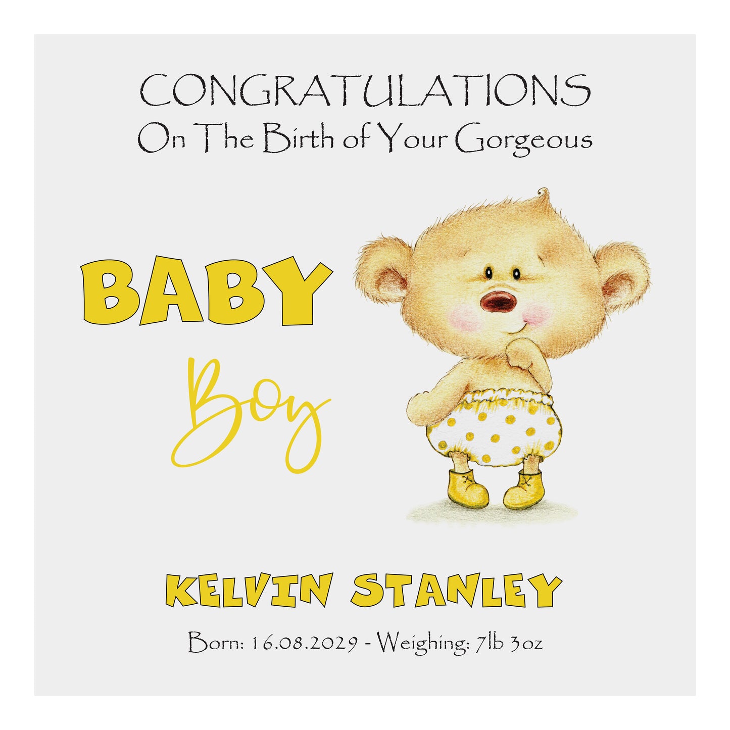 Personalised New Baby Card (Baby Bear) - Yellow