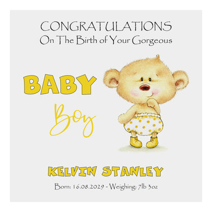 Personalised New Baby Card (Baby Bear) - Yellow