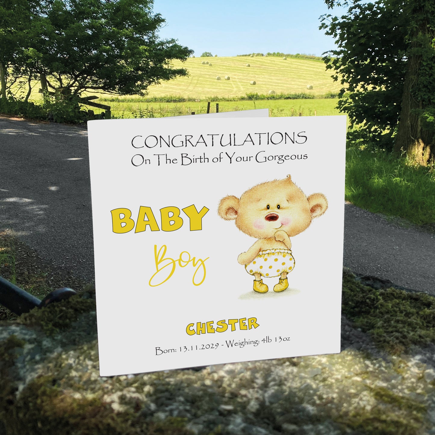 Personalised New Baby Card (Baby Bear) - Yellow