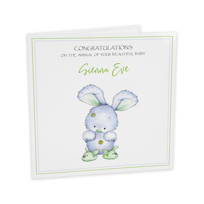 Personalised New Baby Card (Bunny Slippers) - Blue & Green