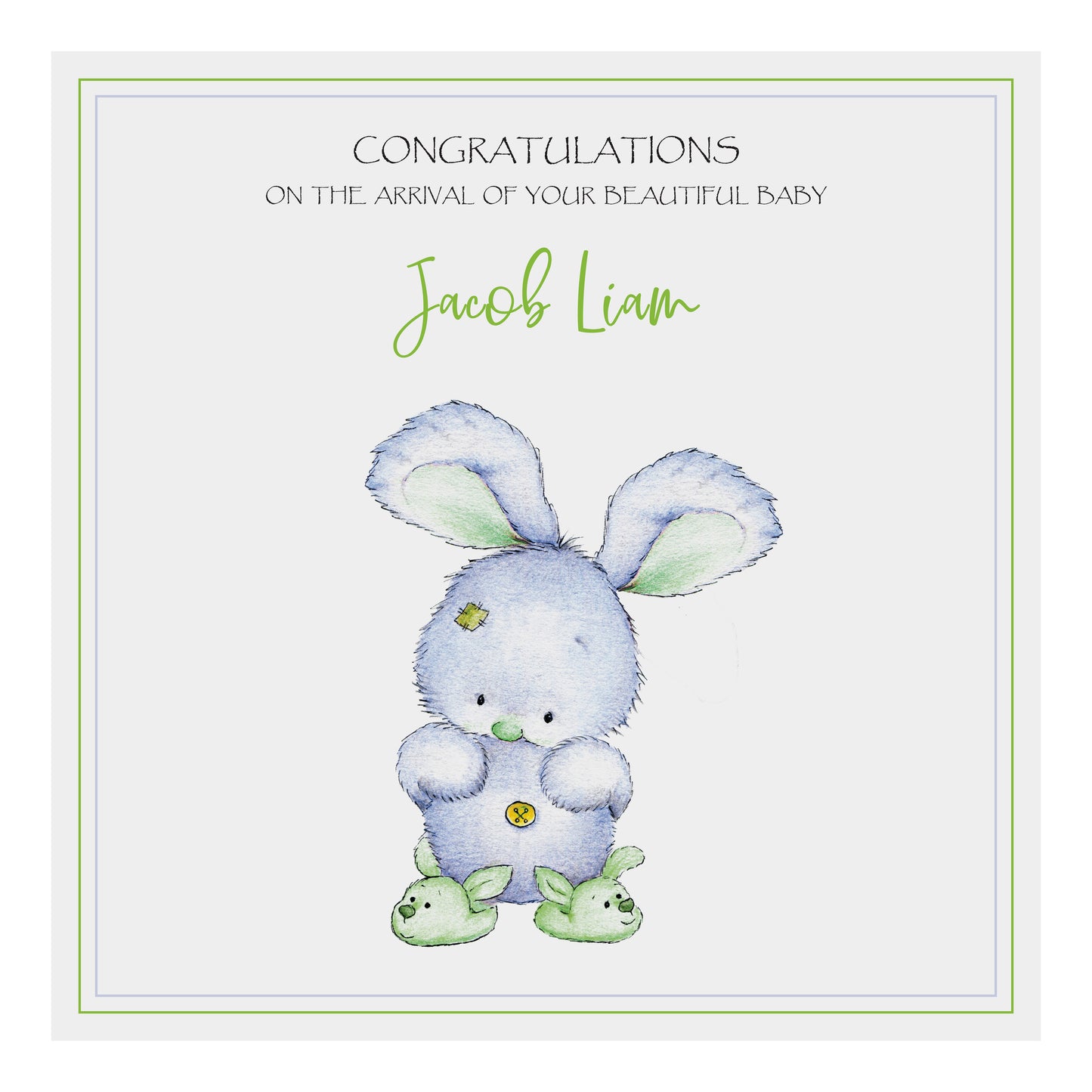 Personalised New Baby Card (Bunny Slippers) - Blue & Green
