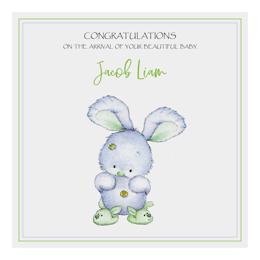 Personalised New Baby Card (Bunny Slippers) - Blue & Green