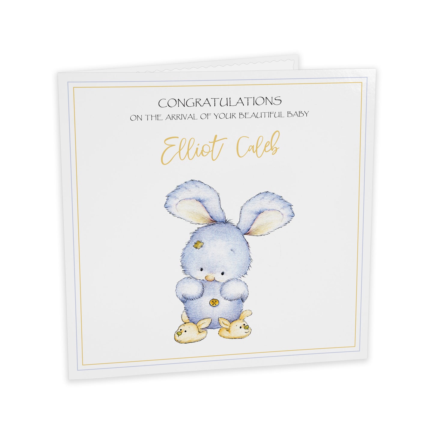 Personalised New Baby Card (Bunny Slippers) - Blue & Yellow