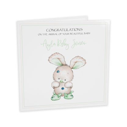 Personalised New Baby Card (Bunny Slippers) - Brown & Green