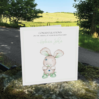 Personalised New Baby Card (Bunny Slippers) - Brown & Green