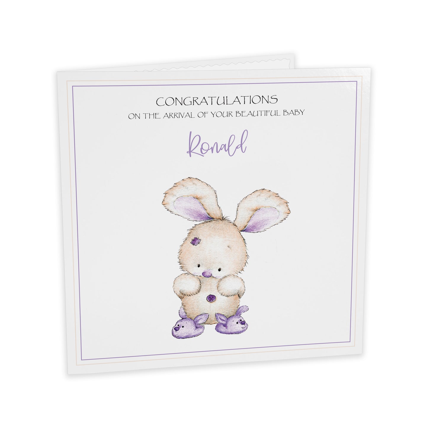 Personalised New Baby Card (Bunny Slippers) - Brown & Purple
