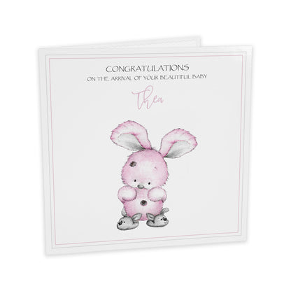 Personalised New Baby Card (Bunny Slippers) - Pink & Grey